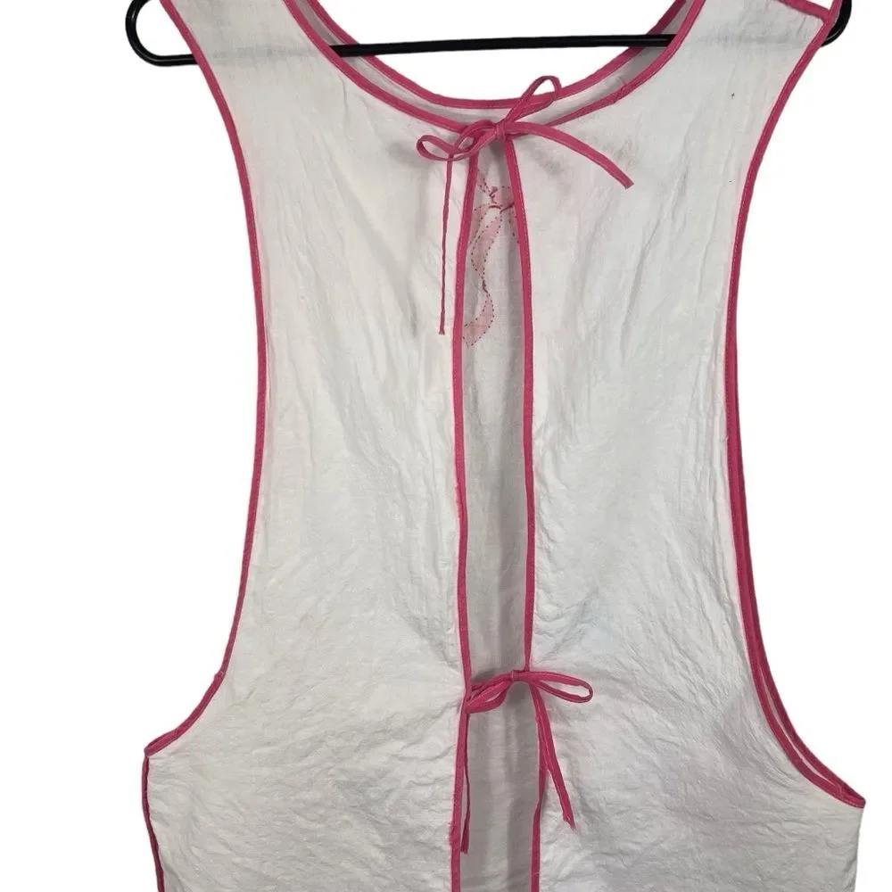 Vintage Embroidered Pinafore Apron Floral Bow White Pink Pockets OS